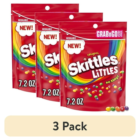 (3 pack) Skittles Littles Original Chewy Candy, Grab N Go, 7.2 oz Resealable Bag