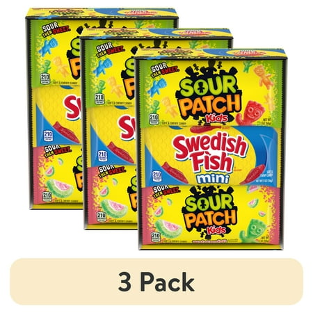 (3 pack) SOUR PATCH KIDS and SWEDISH FISH Mini Soft & Chewy Candy Variety Pack, Bulk Candy, 18 - 2 oz Bags