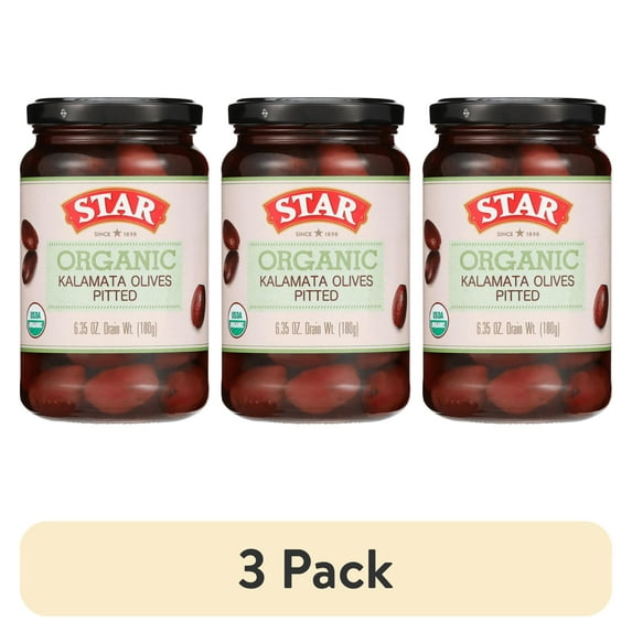 (3 pack) Star Natura Organic Kalamata Olives Pitted, 6.35oz Glass Jar