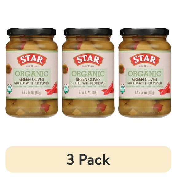 (3 pack) STAR Queen Organic Green Olives Stuffed with Pimento, 6.7oz, Glass Jar