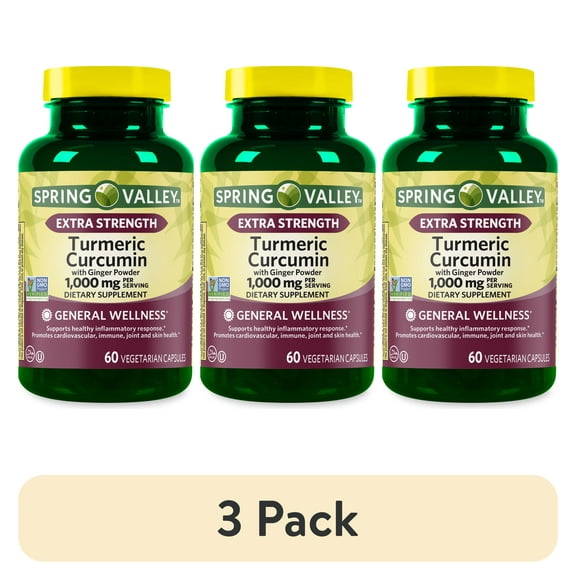 (3 pack) Spring Valley Extra Strength Turmeric Curcumin Dietary Supplement Vegetarian Capsules for General Wellness, 1000 mg, 60 Count