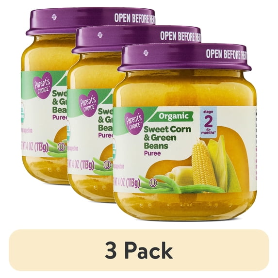 (3 pack) Parent's Choice Organic Stage 2 Baby Food Sweet Corn & Green Beans, 4 oz Jar