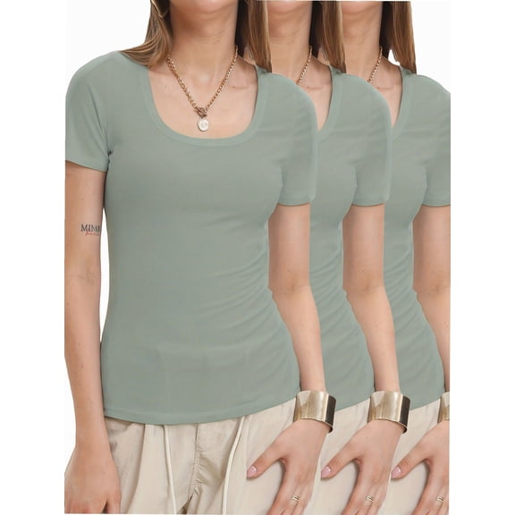 3-pack Sage green Women's Summer Scoop Neck Short Sleeve T-Shirts Ribbed Knit Slim Fitted Casual Basic Top