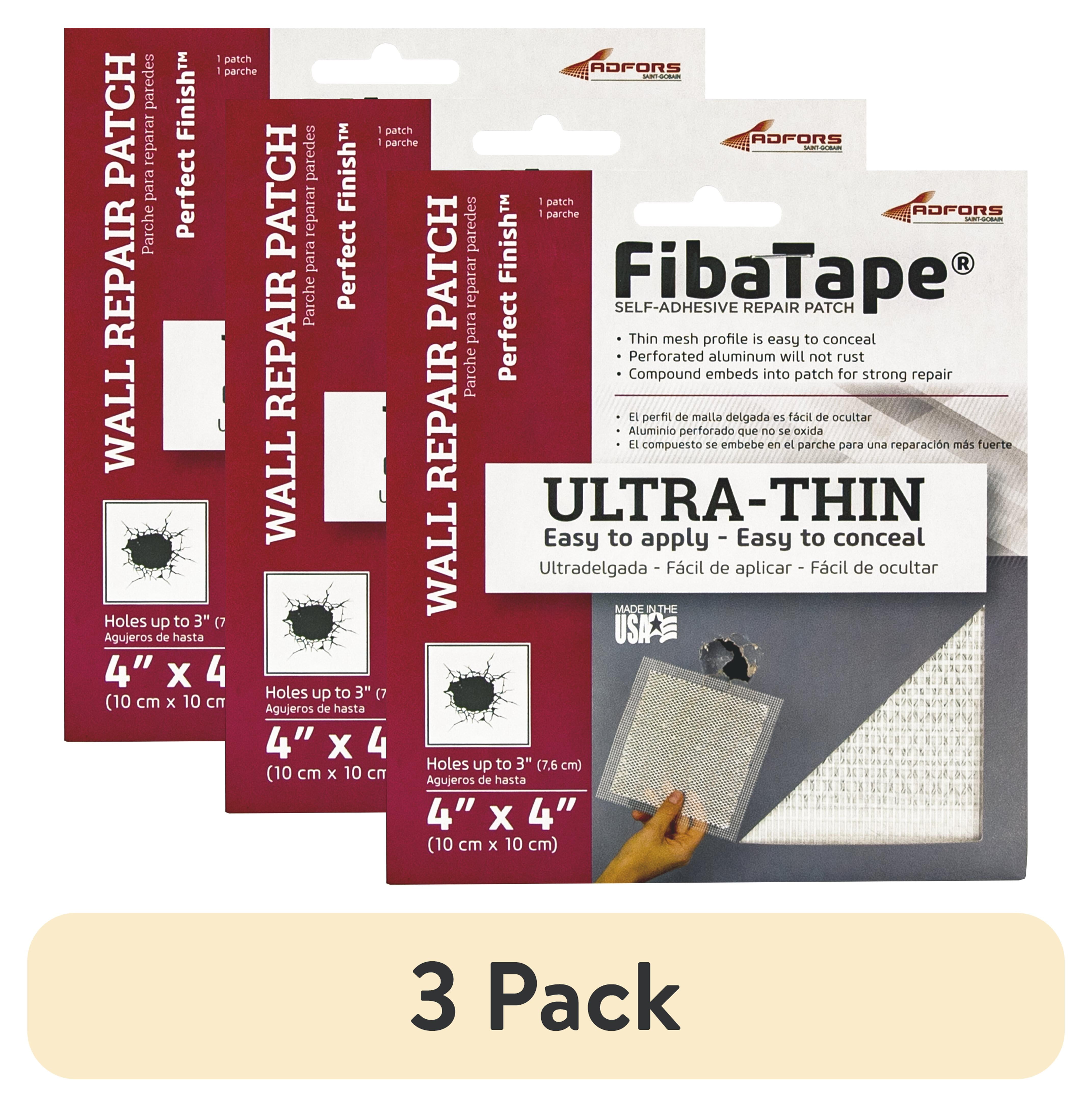 (3 pack) FibaTape, 4 inch x 4inch. Perfect Finish Self-Adhesive Wall Repair Patch, Ultra Thin, White