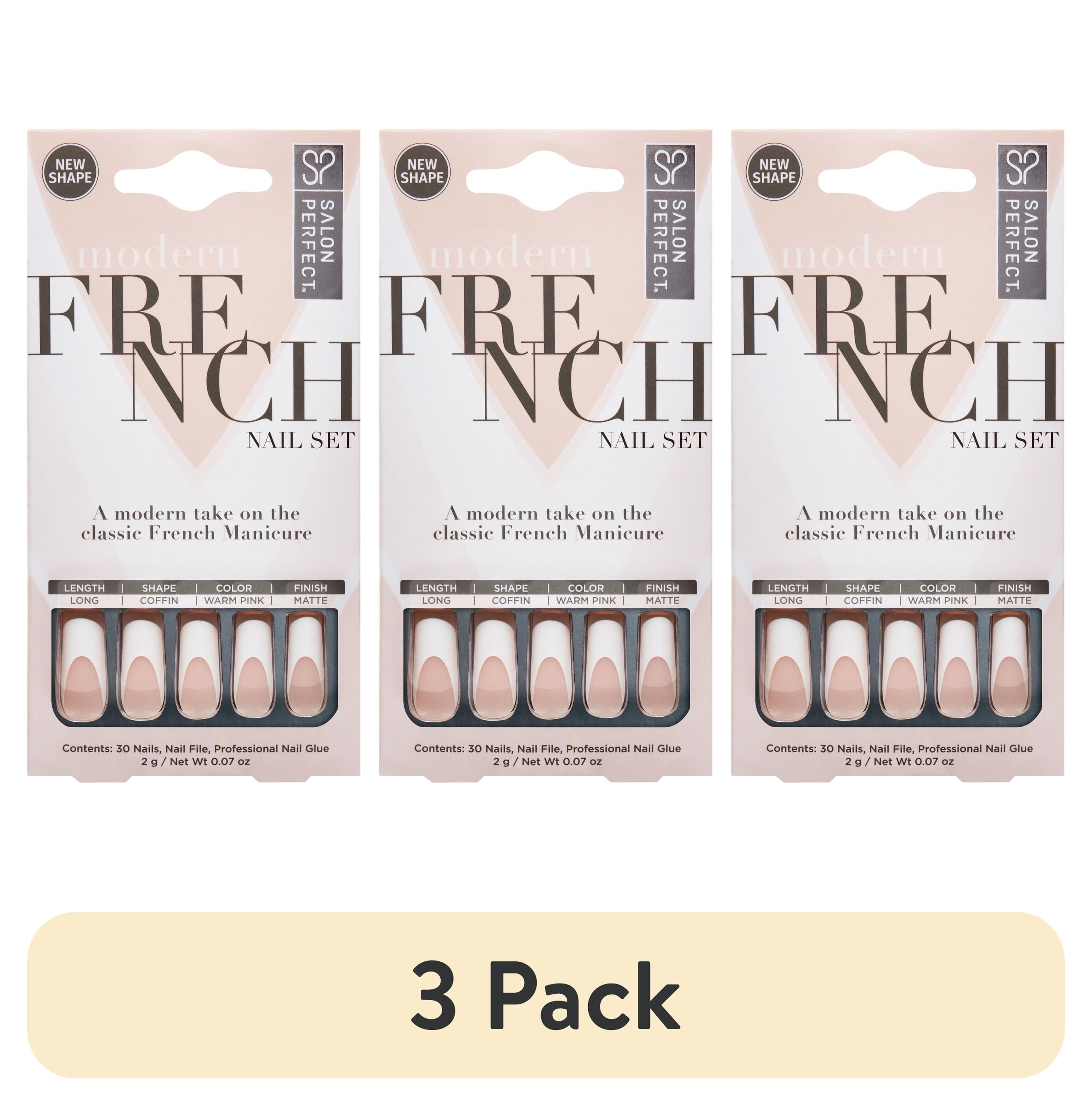 (3 pack) Salon Perfect Artificial Fake Press-ons, 156 Modern French Thick White Tip, Long Square Coffin, File and Glue Included, 30 Nails
