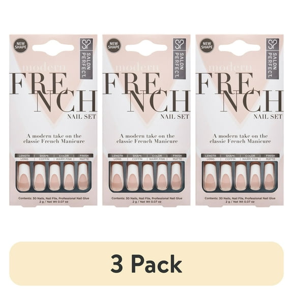(3 pack) Salon Perfect Artificial Fake Press-ons, 156 Modern French Thick White Tip, Long Square Coffin, File and Glue Included, 30 Nails