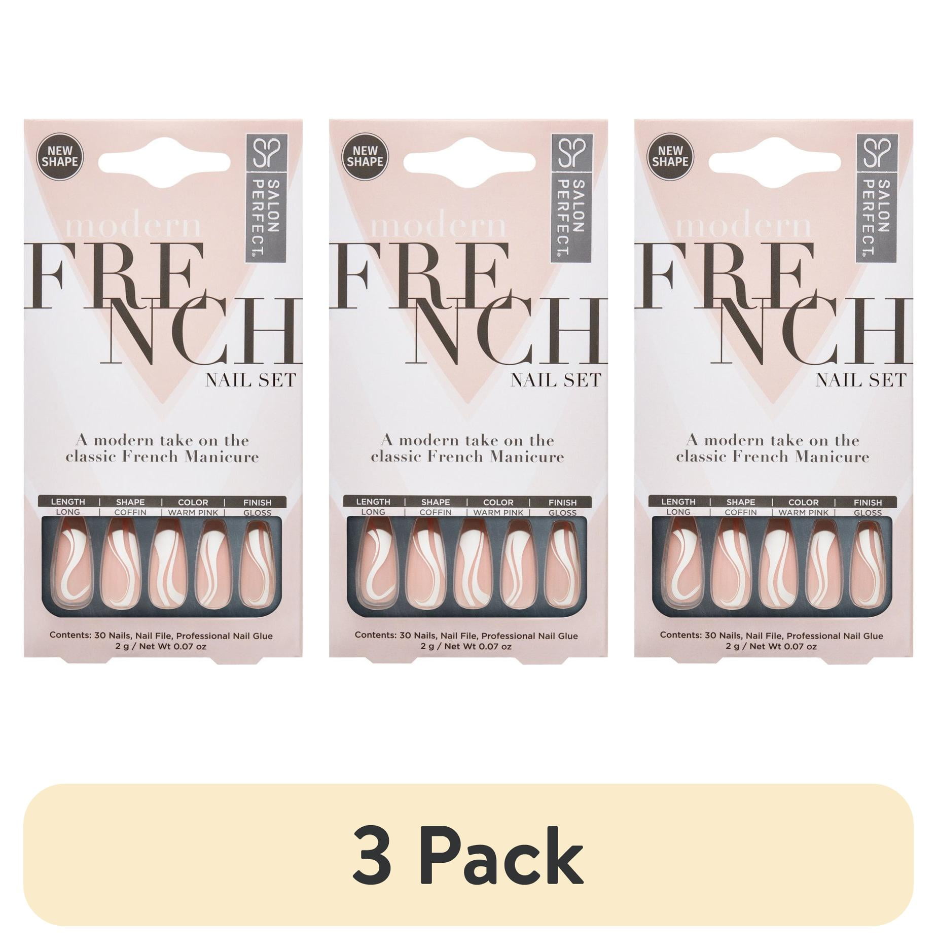 (3 pack) Salon Perfect Artificial Press on Nails, 155 Modern French Tip White Swirl, Long Coffin Glue On Fake Nails, File & Glue Included, 30 Nails