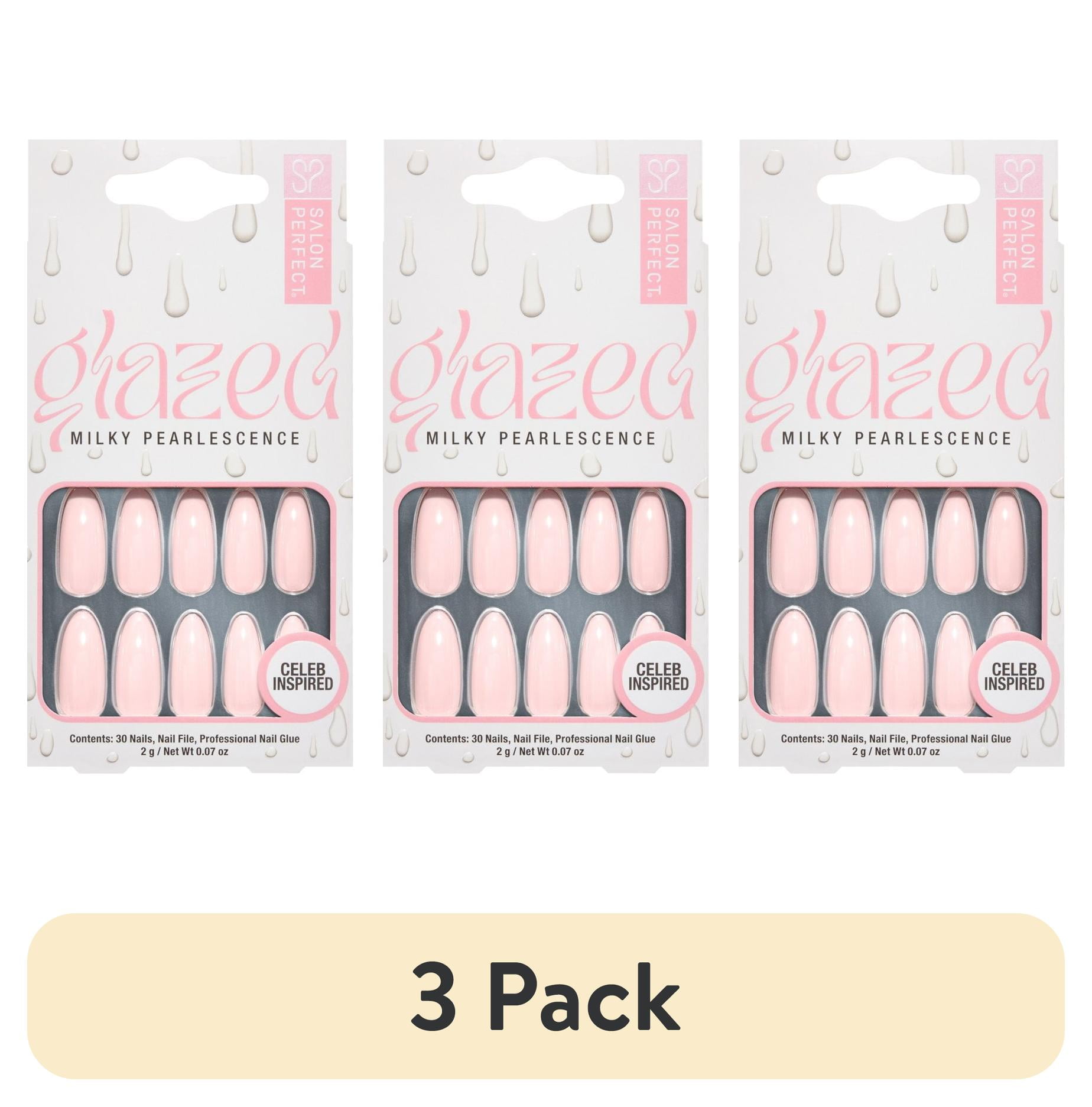 (3 pack) Salon Perfect Artificial Press on Nails, 158 Glazed Pink, Long Almond Glue On Fake Nails, File & Glue Included, 30 Pieces