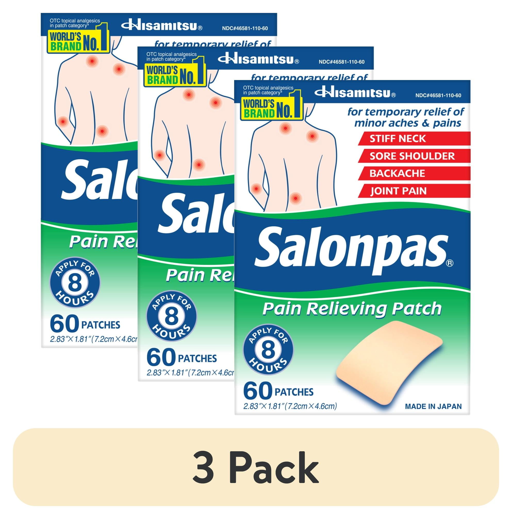 (3 pack) Salonpas 8 Hour Pain Relief Patch With Camphor 3.1% & Menthol 6% for Back & Muscles, 60 Count Pack