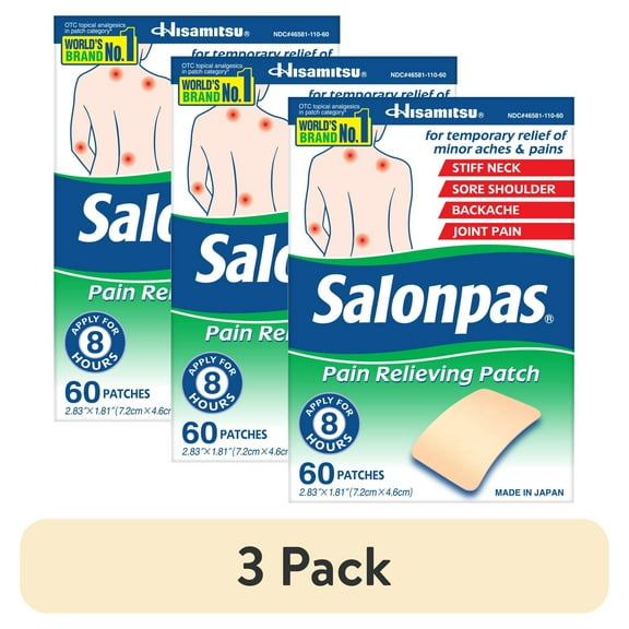 (3 pack) Salonpas 8 Hour Pain Relief Patch with Camphor 3.1% & Menthol 6% for Back & Muscles, 60 Count