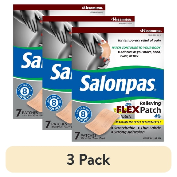 (3 pack) Salonpas Maximum OTC Strength Lidocaine 4% Pain Relieving FLEX Patch, Apply for Up To 8 Hours, Unscented, Thin, Flexible, Lightweight, Patch Stays in Place, 7 Patches