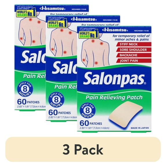 (3 pack) Salonpas Pain Relieving Patch for Back, Neck, Shoulder, Knee Pain and Muscle Soreness - 8 Hour Pain Relief - 60 Count - Pack of 1