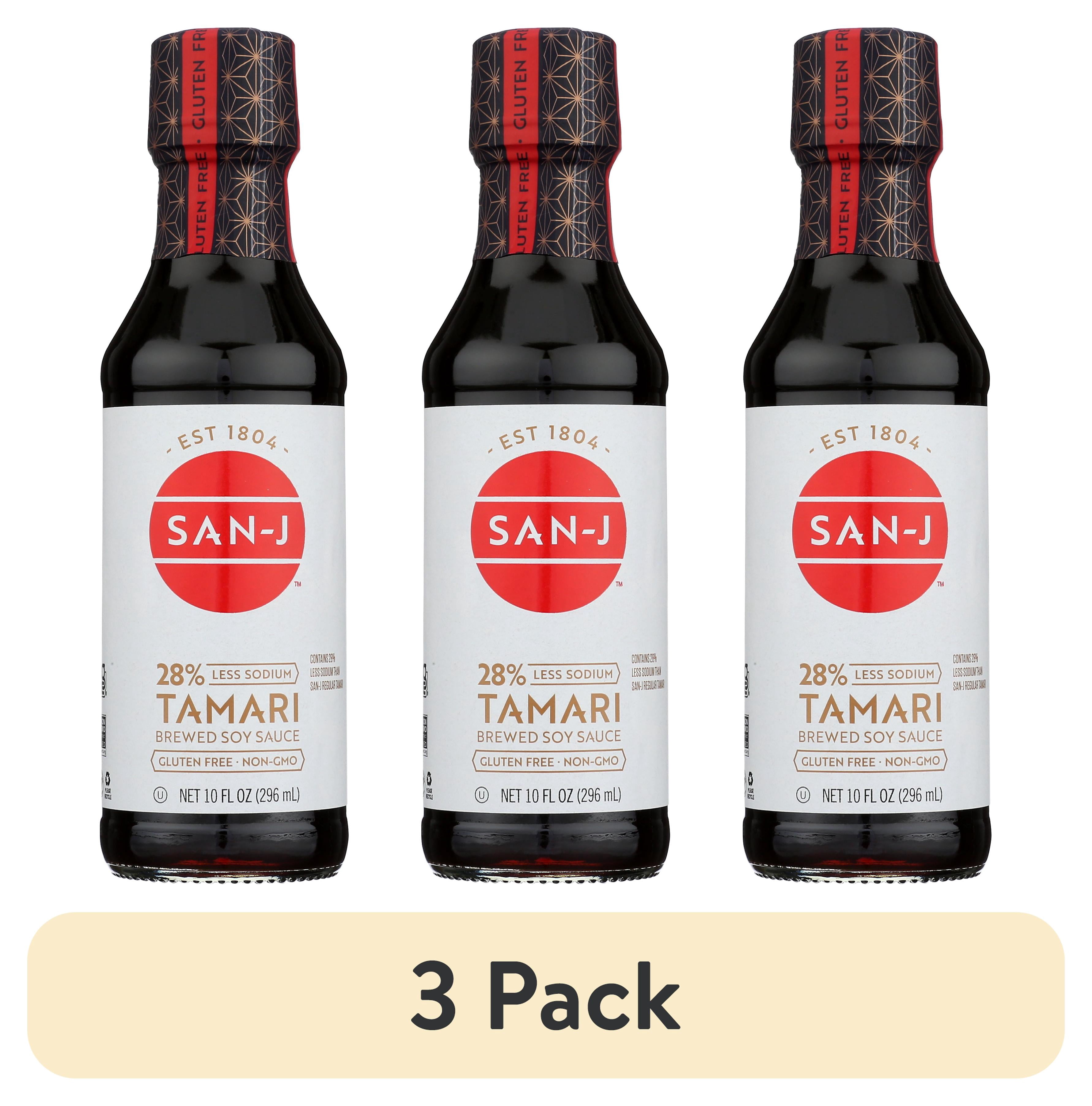 (3 pack) San-J Tamari Gluten Free Soy Sauce Reduced Sodium, 10.0 Fl oz., in a glass bottle