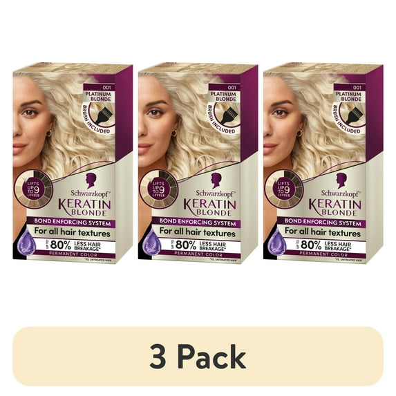 (3 pack) Schwarzkopf Keratin Blonde Hair Dye Platinum Blonde 001, Ultra Lightening Permanent Color, 1 Use