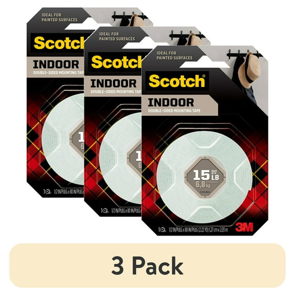 (3 pack) Scotch Indoor Double-Sided Mounting Tape, 1/2 in x 80 in, 1 Roll