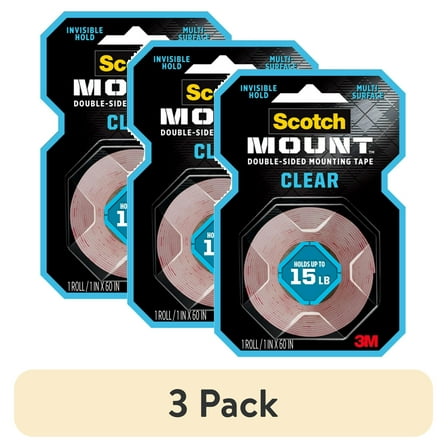 (3 pack) Scotch-Mount Clear Double-Sided Mounting Tape, 1 in x 60 in, 1 Roll