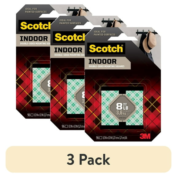 (3 pack) Scotch Permanent Mounting Squares, .5" x .5", Holds 1/2 lb., 96 Pieces