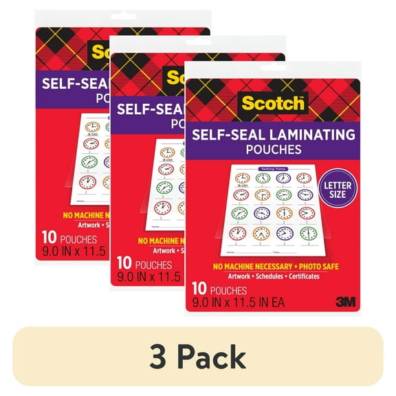 (3 pack) Scotch Self-Seal Laminating Pouches, 10 Count, Letter Size 8.5" x 11", 3 Mil Thick