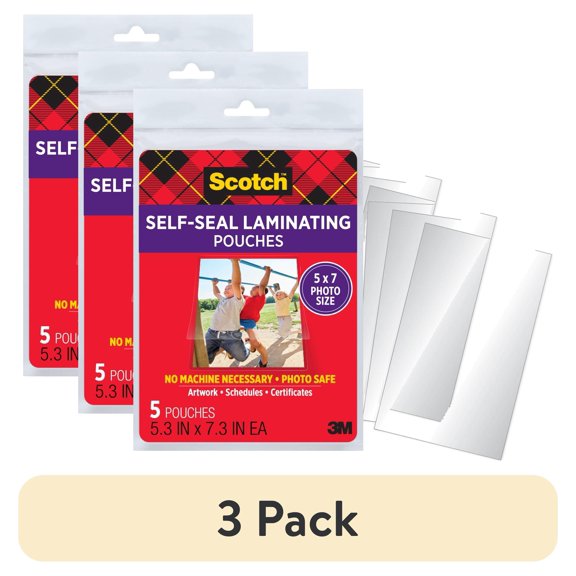 (3 pack) Scotch Self Seal Adhesive Laminating Pouches, Gloss, 5" x 7", 5 Sheets