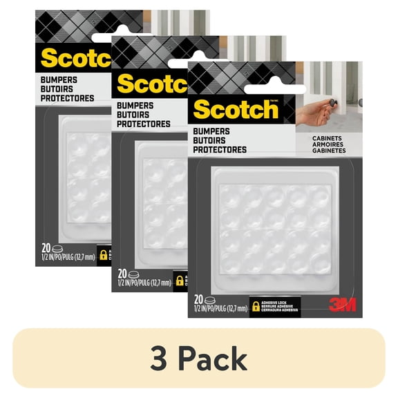 (3 pack) Scotch Adhesive Bumper Pads, Clear, Rubber Cabinet Door Stoppers, Self-Stick, 1/2 inch., 20 Pack