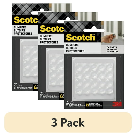 (3 pack) Scotch Adhesive Bumper Pads, Clear, Rubber Cabinet Door Stoppers, Self-Stick, 1/2 inch., 20 Pack