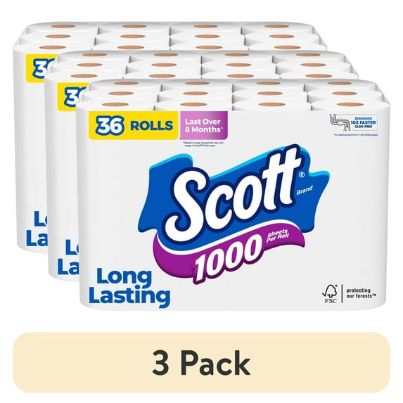 (3 pack) Scott 1000 Toilet Paper, 36 Rolls, 1,000 Sheets per Roll