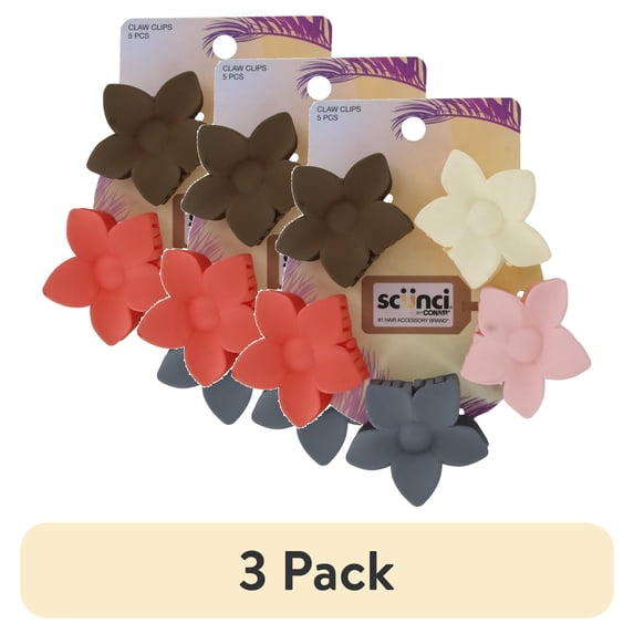 (3 pack) Scunci Flower Claw Hair Clips, Assorted Colors, 5-Pieces