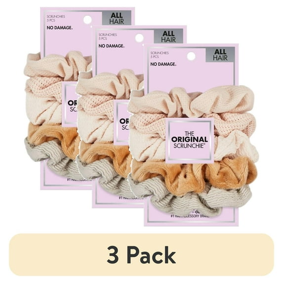 (3 pack) Scunci No Damage All Hair Mixed Texture Scrunchies, Peach Tones, 5-Pieces