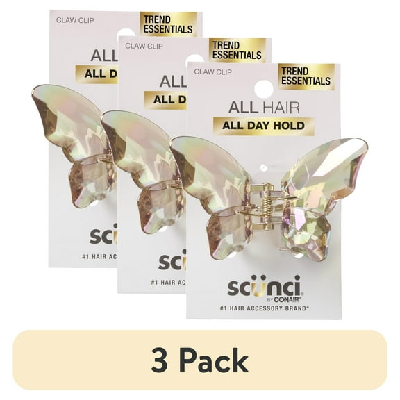 (3 pack) Scunci Plastic Butterfly Claw Clip, Clear Amber