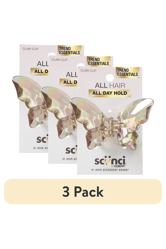 (3 pack) Scunci Plastic Butterfly Claw Clip, Clear Amber, 1 Count