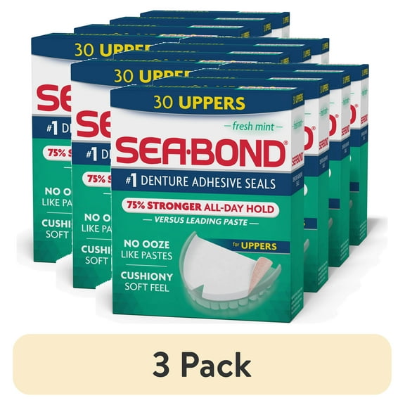 (12 pack) Sea-Bond Secure Denture Adhesive Seals, Fresh Mint Uppers, All-Day-Hold, Mess-Free, 30 Count - 4 Pack