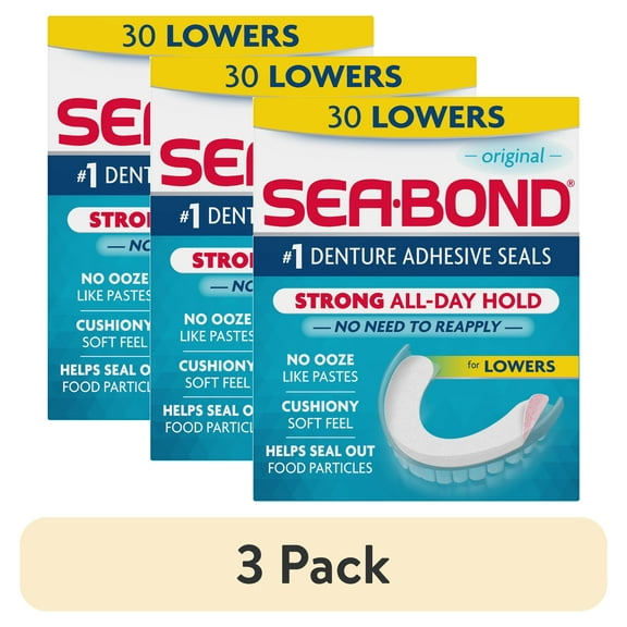 (3 pack) Sea Bond Secure Denture Adhesive Seals, For an All Day Strong Hold, 30 Original Flavor Seals for Lower Dentures