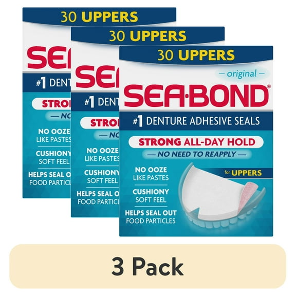 (3 pack) Sea Bond Upper Secure Denture Adhesive Seals, For an All Day Strong Hold, Original Flavor Seals, 30 Count