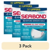 3 pack Sea Bond Secure Denture Adhesive Seals, Original Uppers, Zinc-Free, All-Day-Hold, Mess-Free, 30 Count