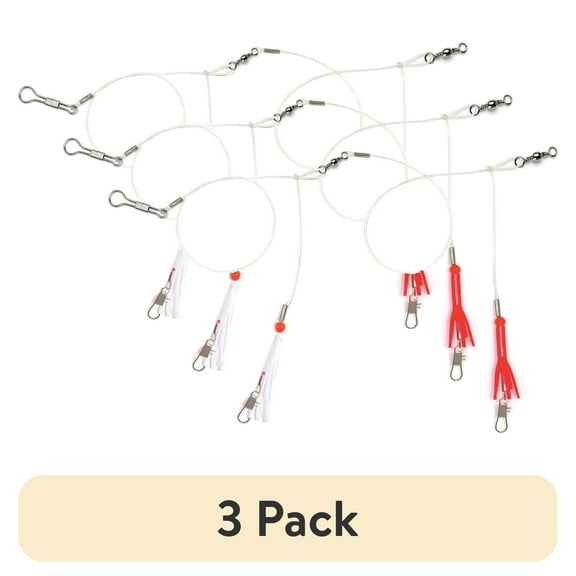 (3 pack) Sea Striker Double-drop Bottom Fishing Rig, Red/White Skirts, 40# Mono