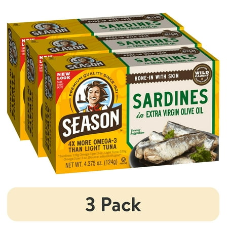 (3 pack) Season Brand Sardines, in Extra Virgin Olive Oil, 4.375 Oz