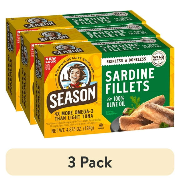 (3 pack) Season Sardines in Olive Oil, Salt Added, 4.375 oz