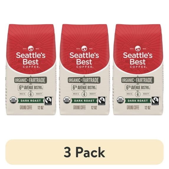 (3 pack) Seattle's Best Coffee Organic Arabica Beans 6th Avenue Bistro, Dark Roast, Ground Coffee, 12 oz