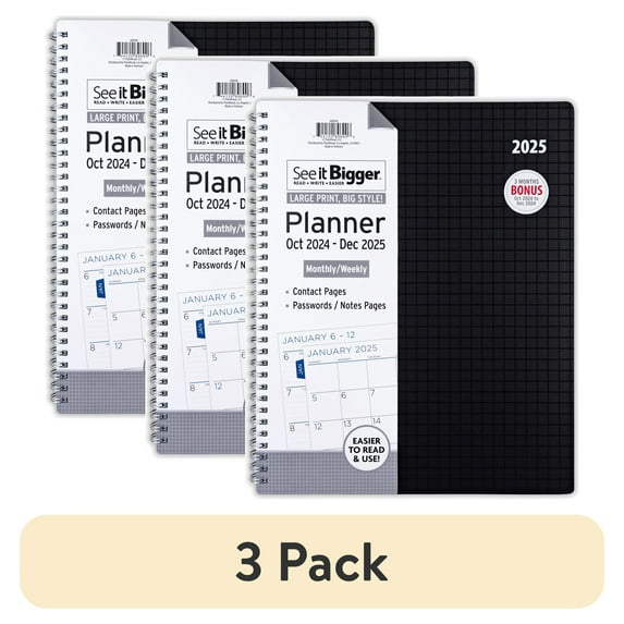 (3 pack) See it Bigger October 2024 - December 2025 Weekly Dated Planner (9.75" x 11") Black