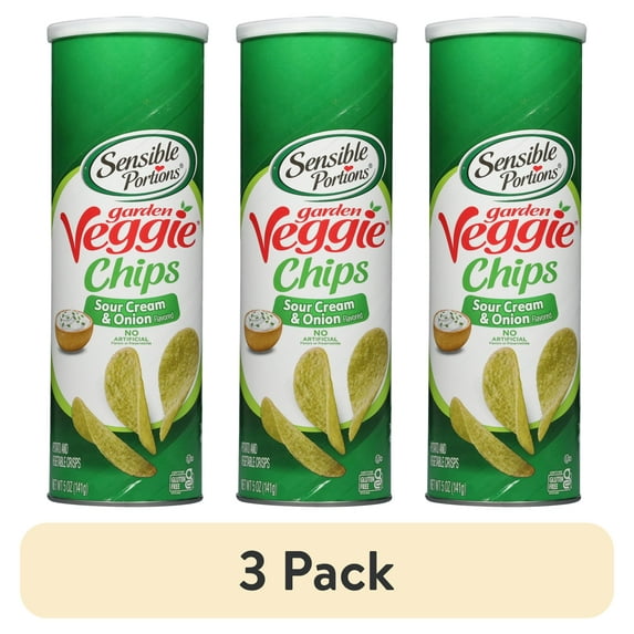 (3 pack) Sensible Portions Garden Veggie Snack Sour Cream & Onion Potato Chips, 5 oz Canister