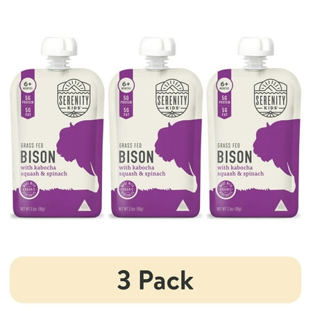 (3 pack) Serenity Kids Bison Stage 2 Baby Food with Kabocha Squash & Spinach, 3.5 oz Pouch