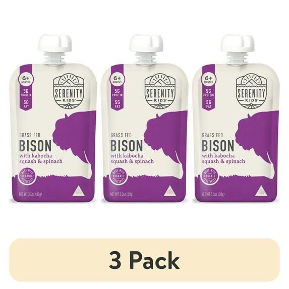 (3 pack) Serenity Kids Bison Stage 2 Baby Food with Kabocha Squash & Spinach, 3.5 oz Pouch