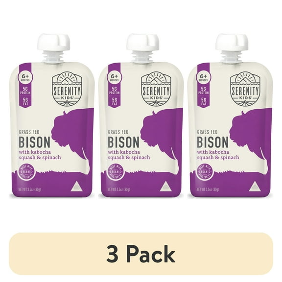 (3 pack) Serenity Kids Bison Stage 2 Baby Food with Kabocha Squash & Spinach, 3.5 oz Pouch