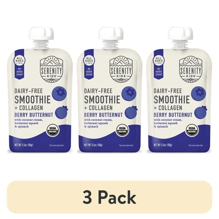 (3 pack) Serenity Kids Dairy Free Organic Berry & Butternut Smoothie + Protein Stage 2 Baby Food Grass Fed Collagen, 3.5oz Pouch