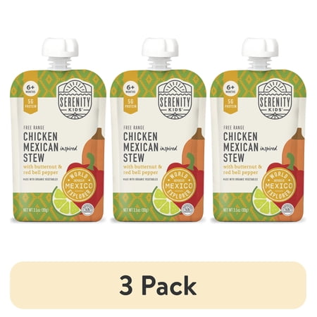 (3 pack) Serenity Kids Free Range Chicken Mexican Inspired Stew Stage 2 Baby Food, Organic Veggies & Spices, 3.5oz Pouch