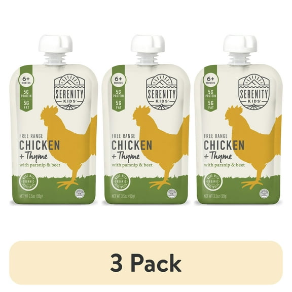 (3 pack) Serenity Kids Free Range Chicken & Thyme Stage 2 Baby Food Organic Parsnip and Beet, 3.5oz Pouch