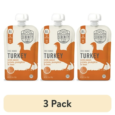 (3 pack) Serenity Kids Free Range Turkey Stage 2 Baby Food Organic Sweet Potato Pumpkin & Beet, 3.5oz Pouch