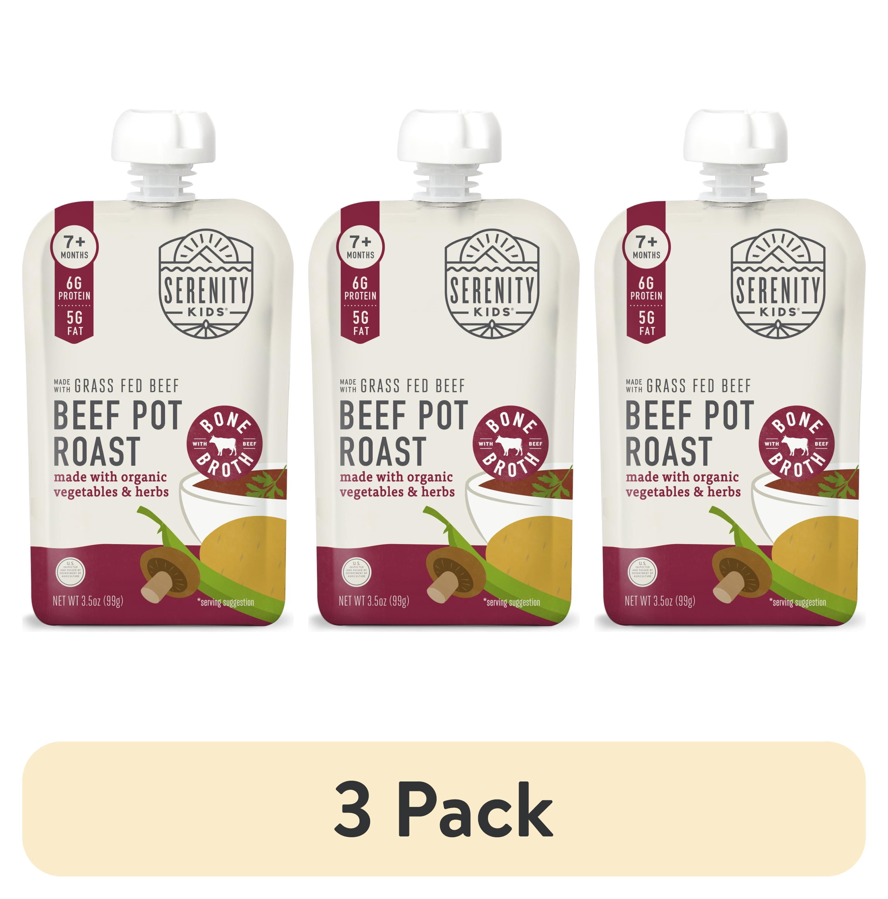 (3 pack) Serenity Kids Grass Fed Beef Pot Roast Stage 2 Baby Food Organic Veggies Herbs & Bone Broth, 3.5oz Pouch
