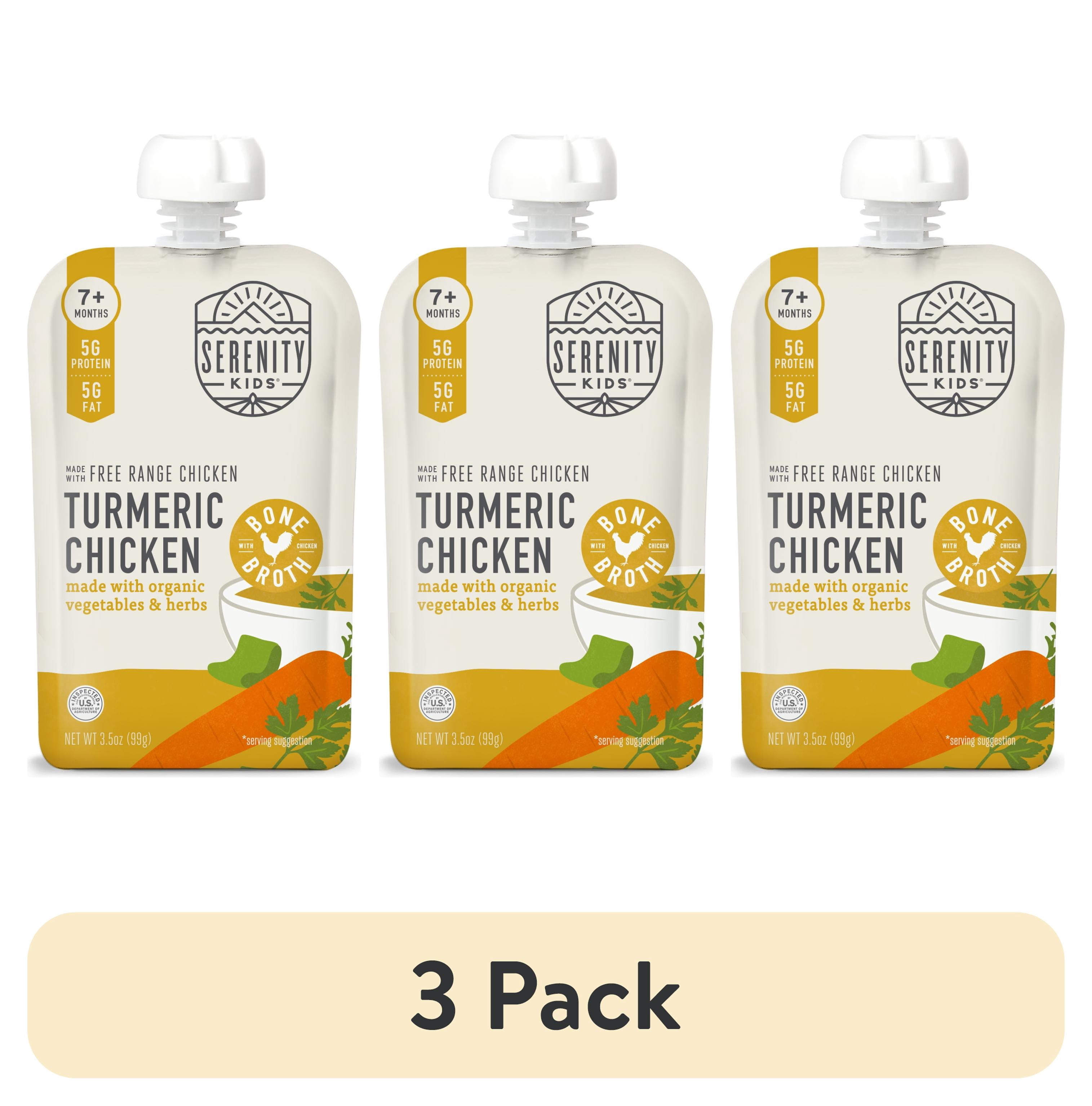 (3 pack) Serenity Kids Turmeric Chicken Stage 2 Baby Food Organic Veggies, Herbs & Bone Broth, 3.5oz Pouch