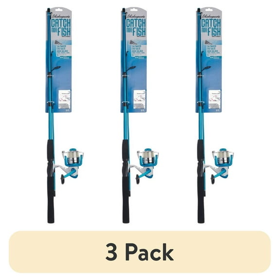 (3 pack) Shakespeare Catch More Fish Saltwater Spinning Kit, 6'6" Medium Heavy Fishing Rod, 50 Size Reel